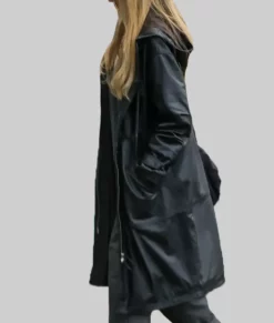 Angelina Jolie Black Leather Hooded Coat-Side View