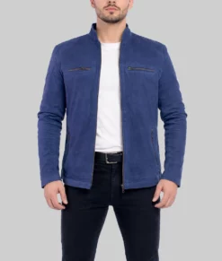 Archie Mens Blue Suede Biker Jacket-Front