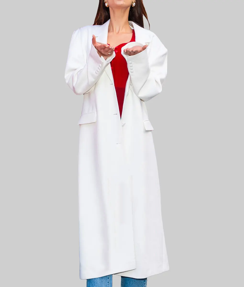 Bella Hadid White Long Wool Coat-Front View