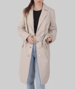 Cacy Women's Off White Leather Trench Coat - Women's Off White Leather Trench Coat-3