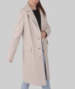 Cacy Women's Off White Leather Trench Coat - Women's Off White Leather Trench Coat-2