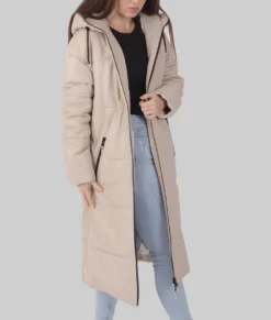 Cleo Women's Beige Leather Puffer Coat - Women's Beige Leather Puffer Coat-1