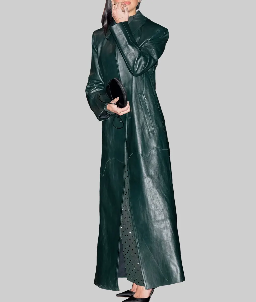 Dua Lipa Green Leather Long Coat | NYC Jackets