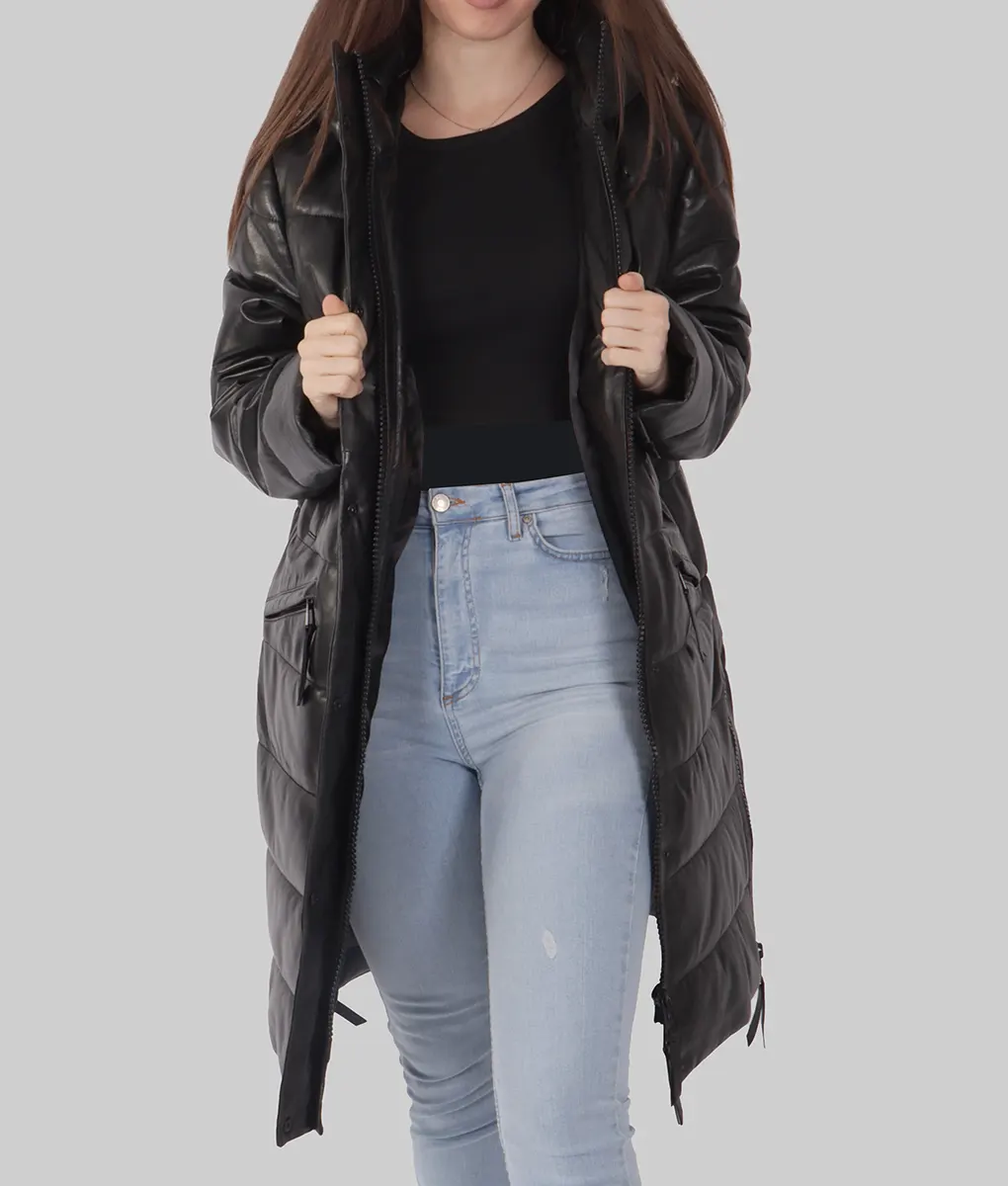 Elia Women's Black Leather Puffer Coat - Women's Black Leather Puffer Coat-1