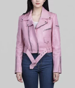 Emma Womens Pink Ladies Biker Leather Jacket-Front