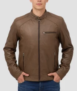 Jerry Mens Brown Leather Biker Jacket-Front