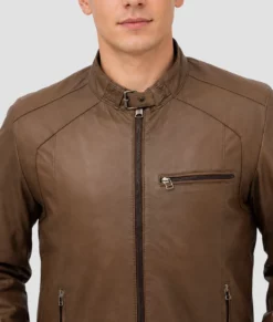 Jerry Mens Brown Leather Biker Jacket-Zoom