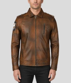 Jerry Mens Vintage Brown Leather Jacket-Front