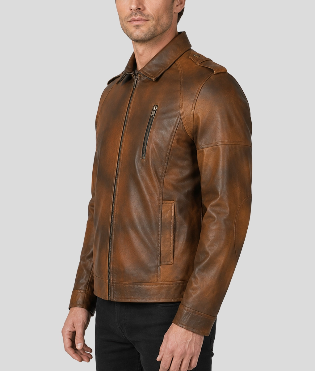 Jerry Mens Vintage Brown Leather Jacket-Side