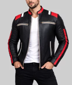 Jim Mens Black Biker Leather Jacket-Front