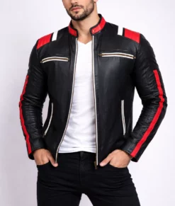 Jim Mens Black Biker Leather Jacket-Front