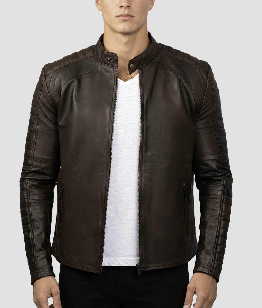 Jim Mens Vintage Brown Biker Leather Jacket-Front