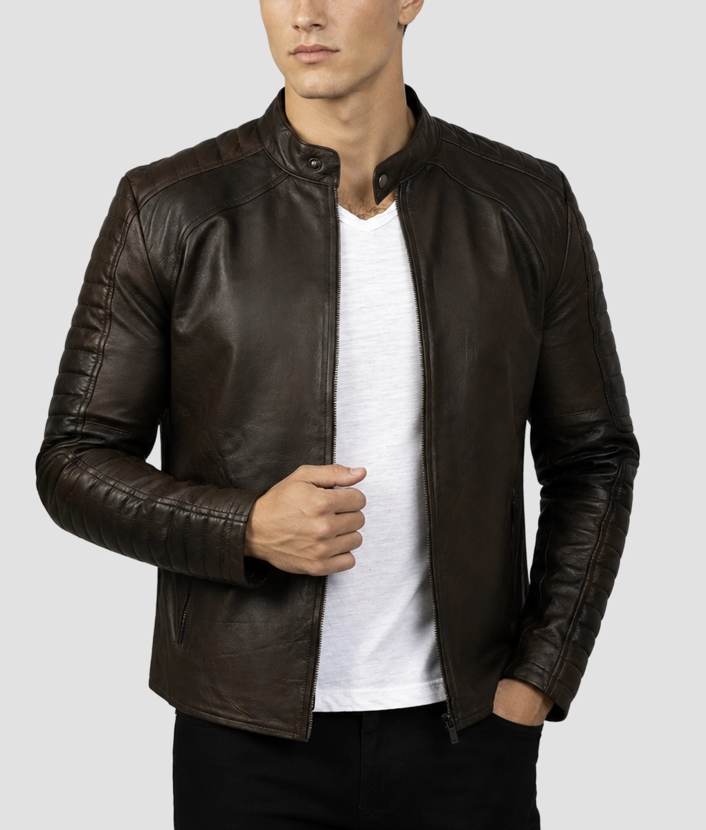 Jim Mens Vintage Brown Biker Leather Jacket-Front
