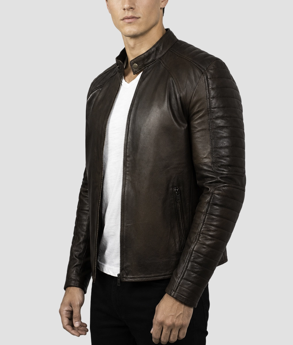 Jim Mens Vintage Brown Biker Leather Jacket-Side