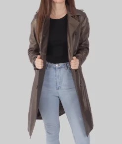 Julie Women's Brown Leather Trench Coat - Women's Brown Leather Trench Coat-3