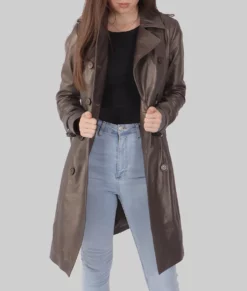 Julie Women's Brown Leather Trench Coat - Women's Brown Leather Trench Coat-4