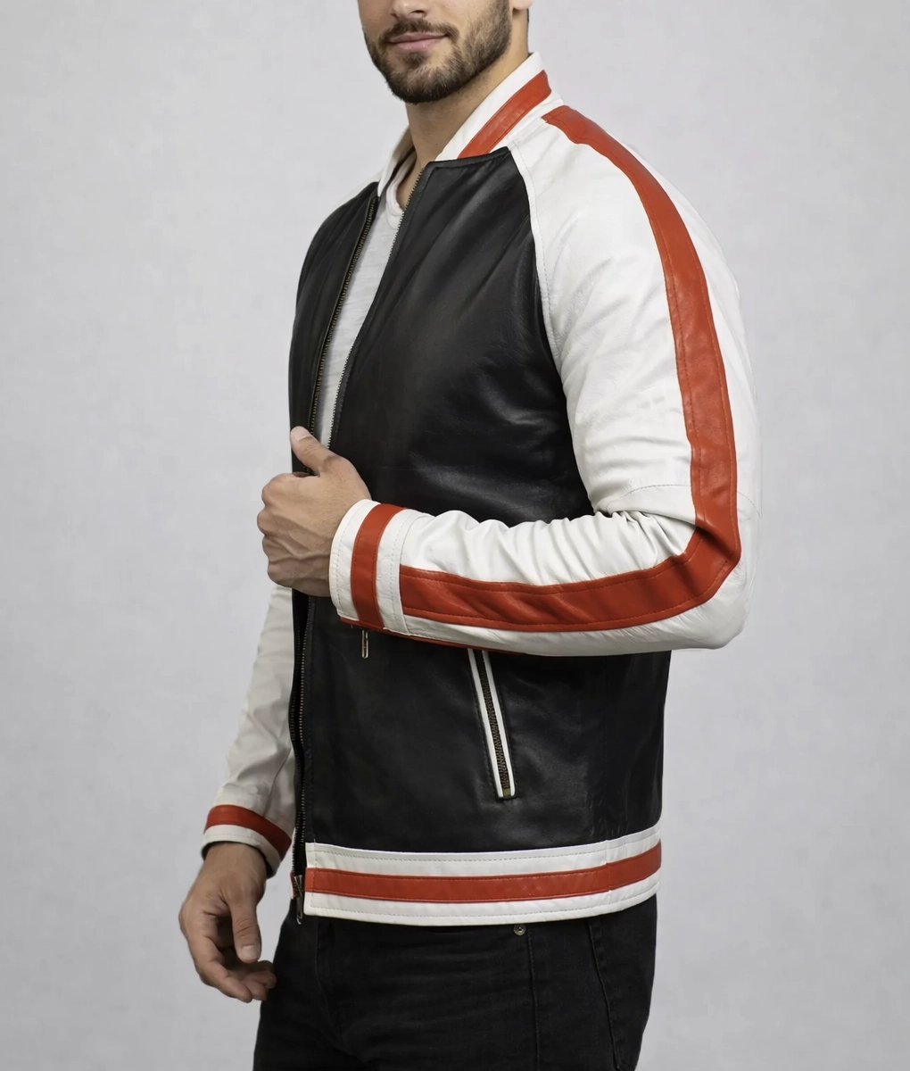 Kelce Mens Black Leather Varsity Jacket-Side