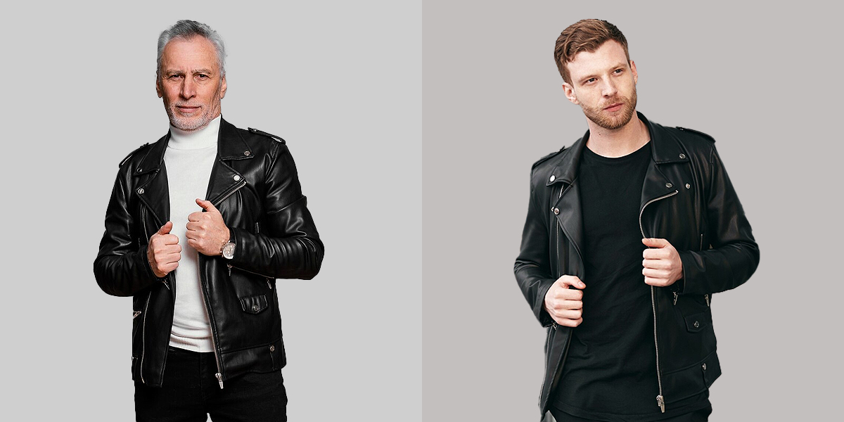 2 men wearing double rider leather jackets with different styles