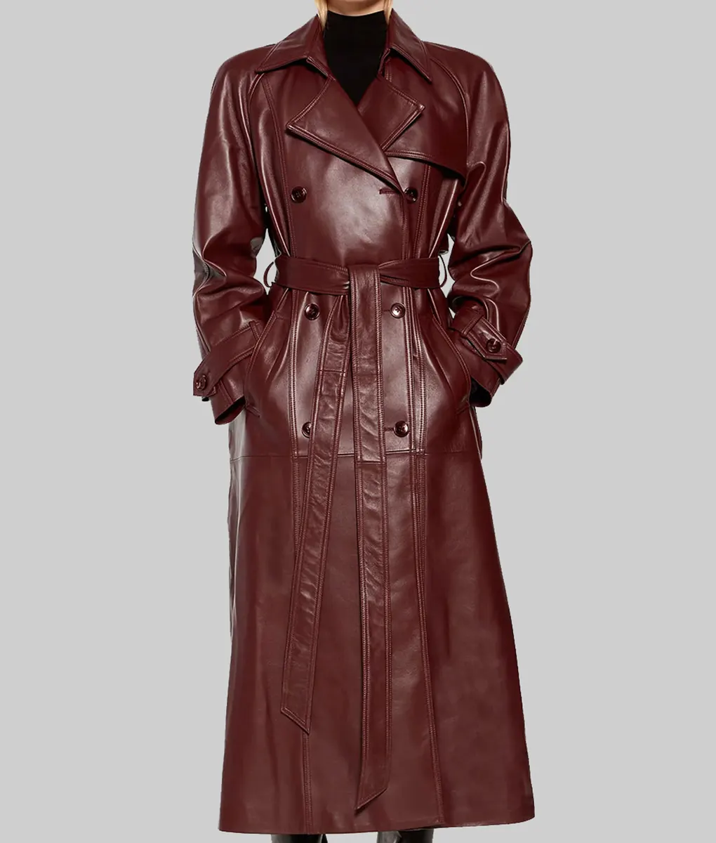 Megan Fox Maroon Leather Trench Coat-Front VIew