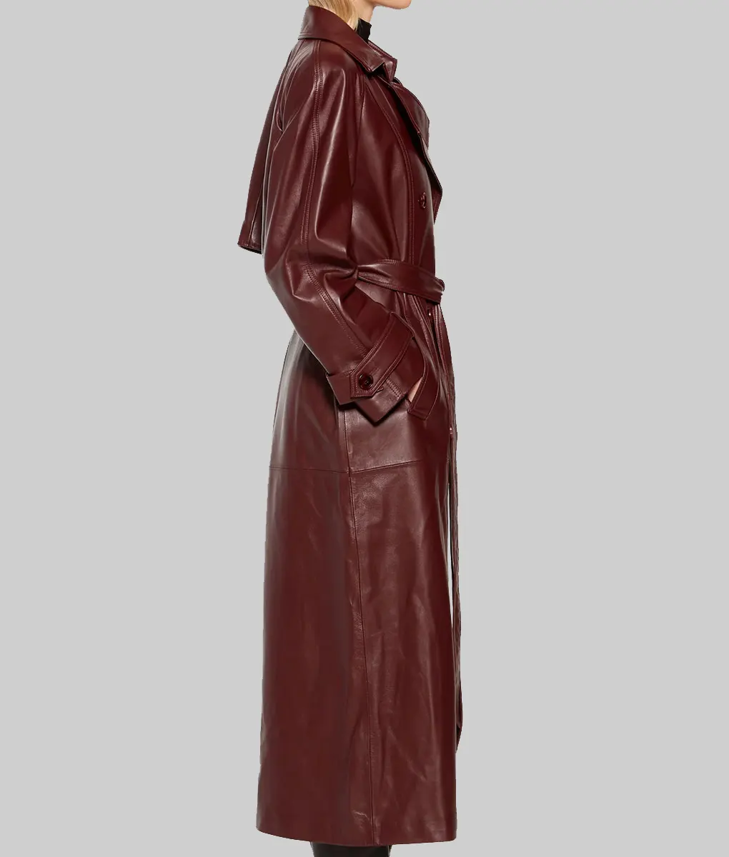 Megan Fox Maroon Leather Trench Coat-Side VIew