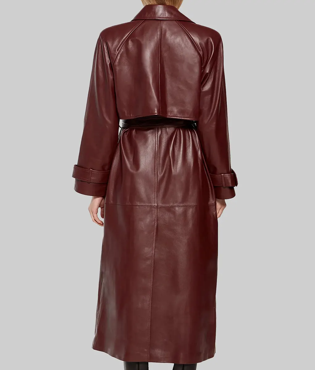 Megan Fox Maroon Leather Trench Coat-Back VIew