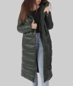 Nika Women's Dark Green Leather Puffer Coat - Women's Dark Green Leather Puffer Coat-4