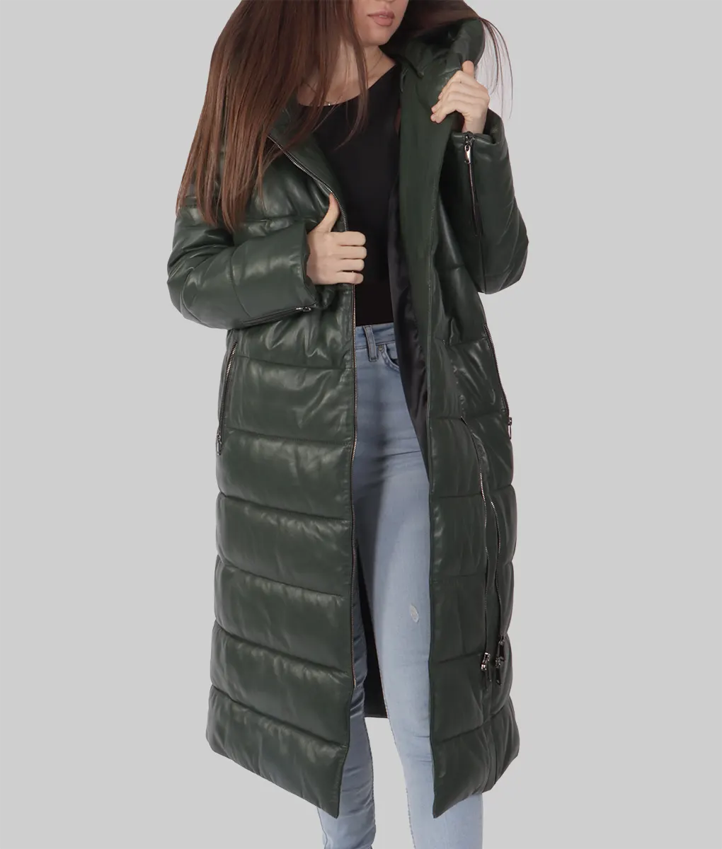 Nika Women's Dark Green Leather Puffer Coat - Women's Dark Green Leather Puffer Coat-4
