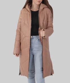 Rhea Women's Brown Leather Puffer Coat - Women's Brown Leather Puffer Coat-1
