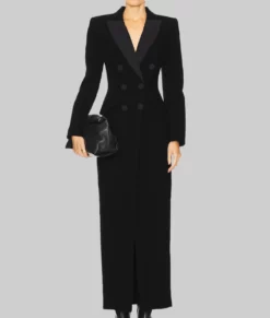 Selena Double Breasted Black Long Coat-Front View