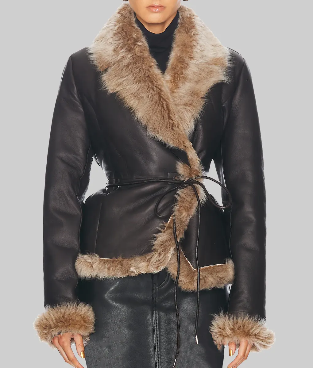 Sydney Sweeney Dark Brown Fur Jacket-Front View
