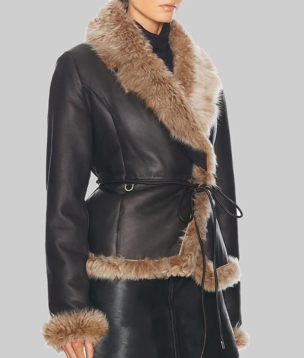 Sydney Sweeney Dark Brown Fur Jacket-Side View