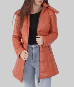 Thia Women's Brown Leather Puffer Coat - Women's Brown Leather Puffer Coat-4