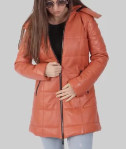Thia Women's Brown Leather Puffer Coat - Women's Brown Leather Puffer Coat-5