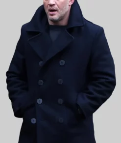 Tom Hardy Navy Blue Wool Pea Coat-Front View