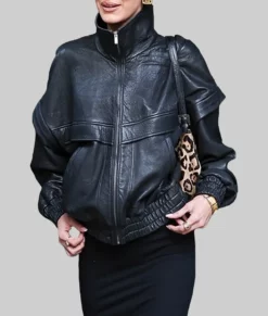 Bella Hadid Oversized Black Leather Jacket-Front View