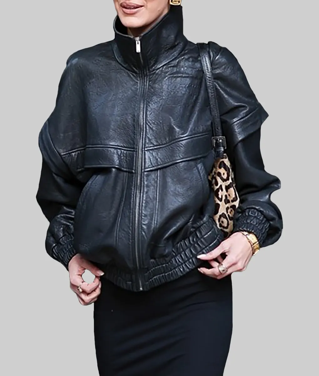 Bella Hadid Oversized Black Leather Jacket-Front View