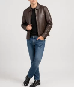 Bravo Men's Classic Brown Harrington Leather Jacket-Front