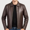 Bravo Men's Classic Brown Harrington Leather Jacket-Front