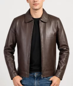 Bravo Men's Classic Brown Harrington Leather Jacket-Front