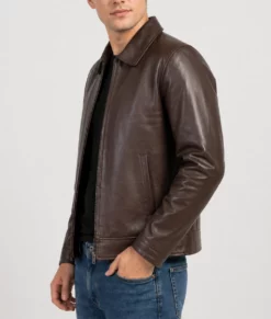 Bravo Men's Classic Brown Harrington Leather Jacket-Side