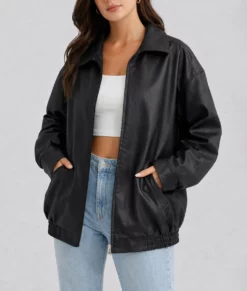 Emma Women's Black Oversized Bomber Leather Jacket-Front