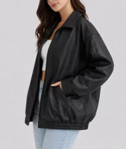 Emma Women's Black Oversized Bomber Leather Jacket-Side