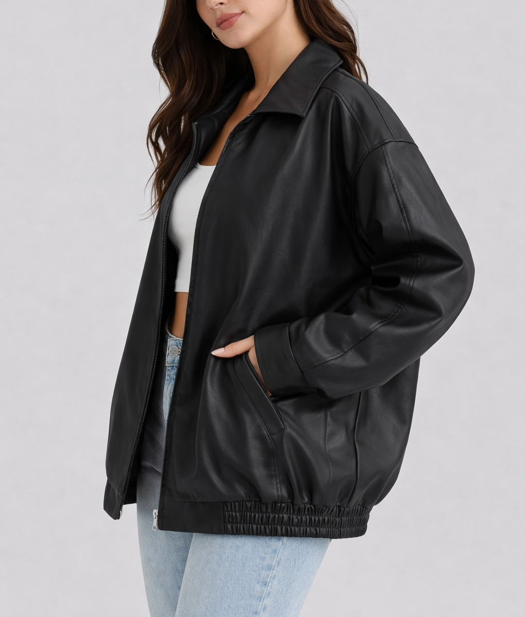 Emma Women's Black Oversized Bomber Leather Jacket-Side