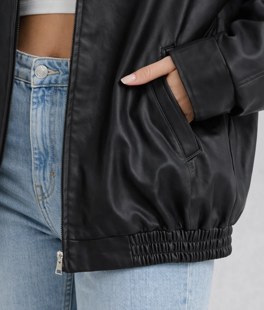 Emma Women's Black Oversized Bomber Leather Jacket-Zoom