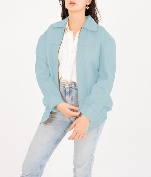 Emma Women's Blue Oversized Bomber Leather Jacket Women's Oversized Harrington Leather Jacket