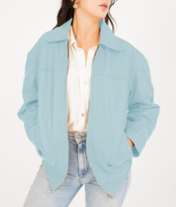 Emma Women's Blue Oversized Bomber Leather Jacket Women's Oversized Harrington Leather Jacket