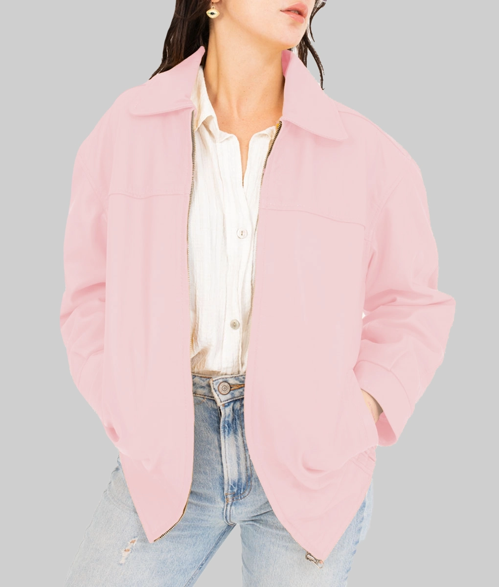 Emma Women’s Pink Oversized Bomber Leather Jacket-Front