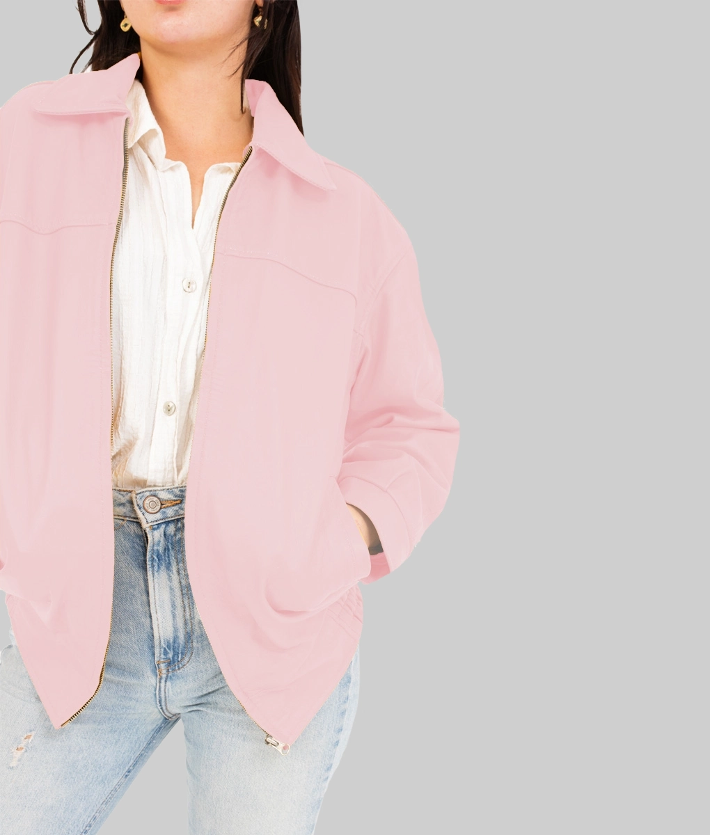 Emma Women’s Pink Oversized Bomber Leather Jacket-Front