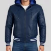 Finn Men's Casual Blue Hooded Bomber Leather Jacket-Front