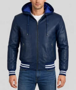 Finn Men's Casual Blue Hooded Bomber Leather Jacket-Front